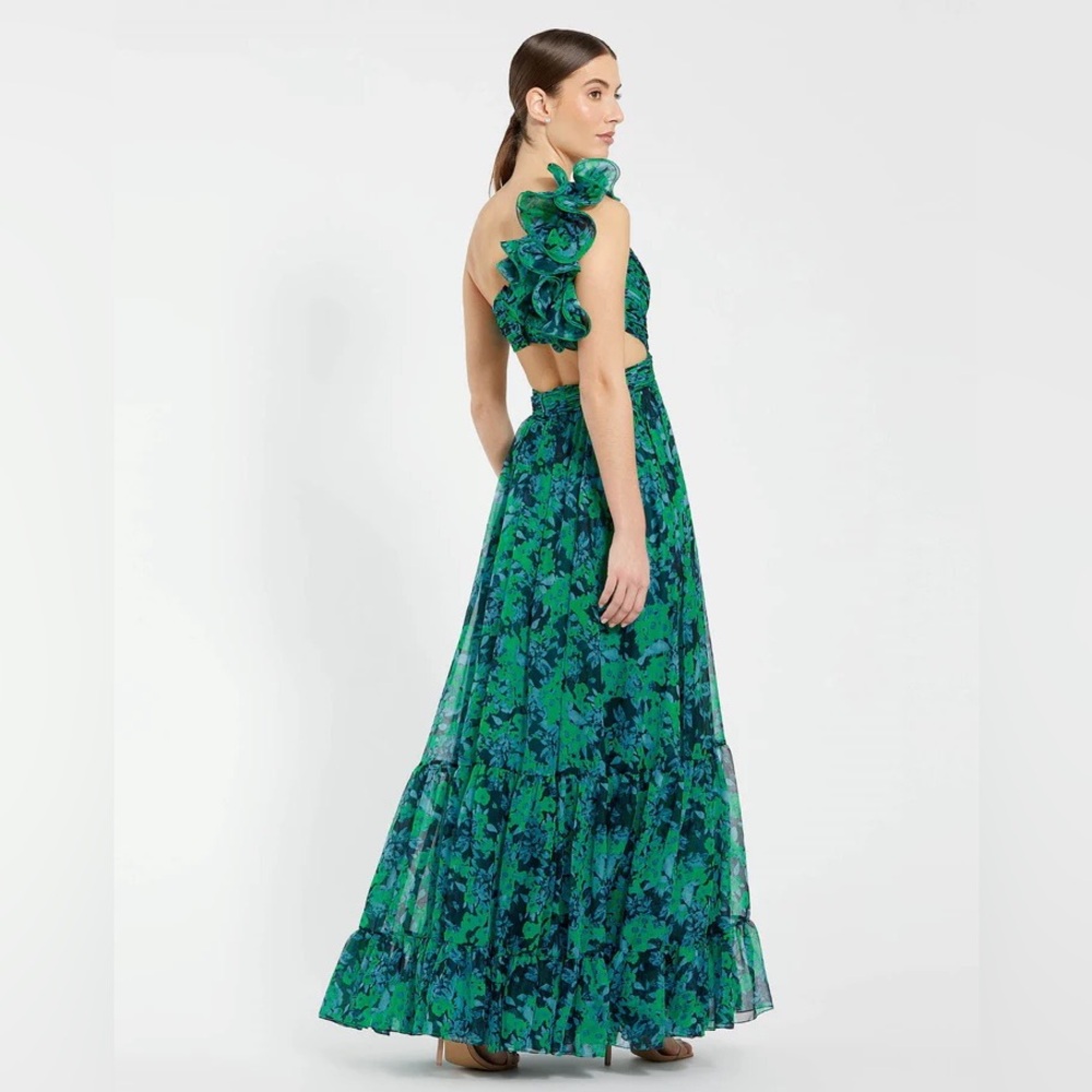 MAC DUGGAL
Green One Shoulder Ruffle Tiered Cut-Out Chiffon Gown - Picture 4 of 16